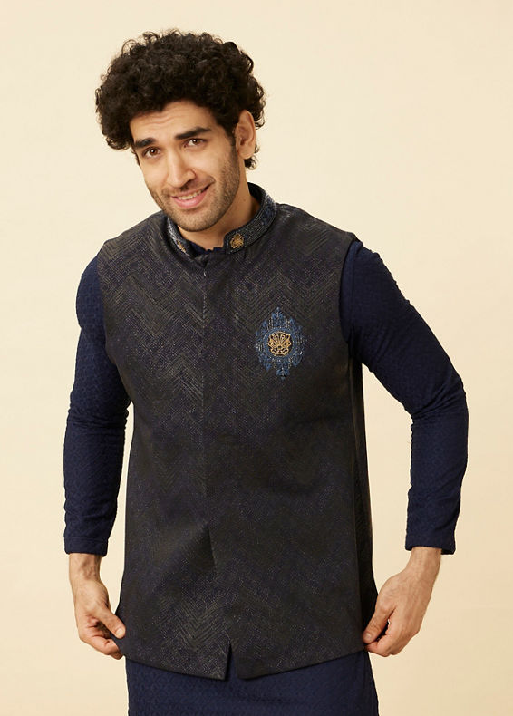 Manyavar Men Graphite Blue Black Panther Emblem Jacket