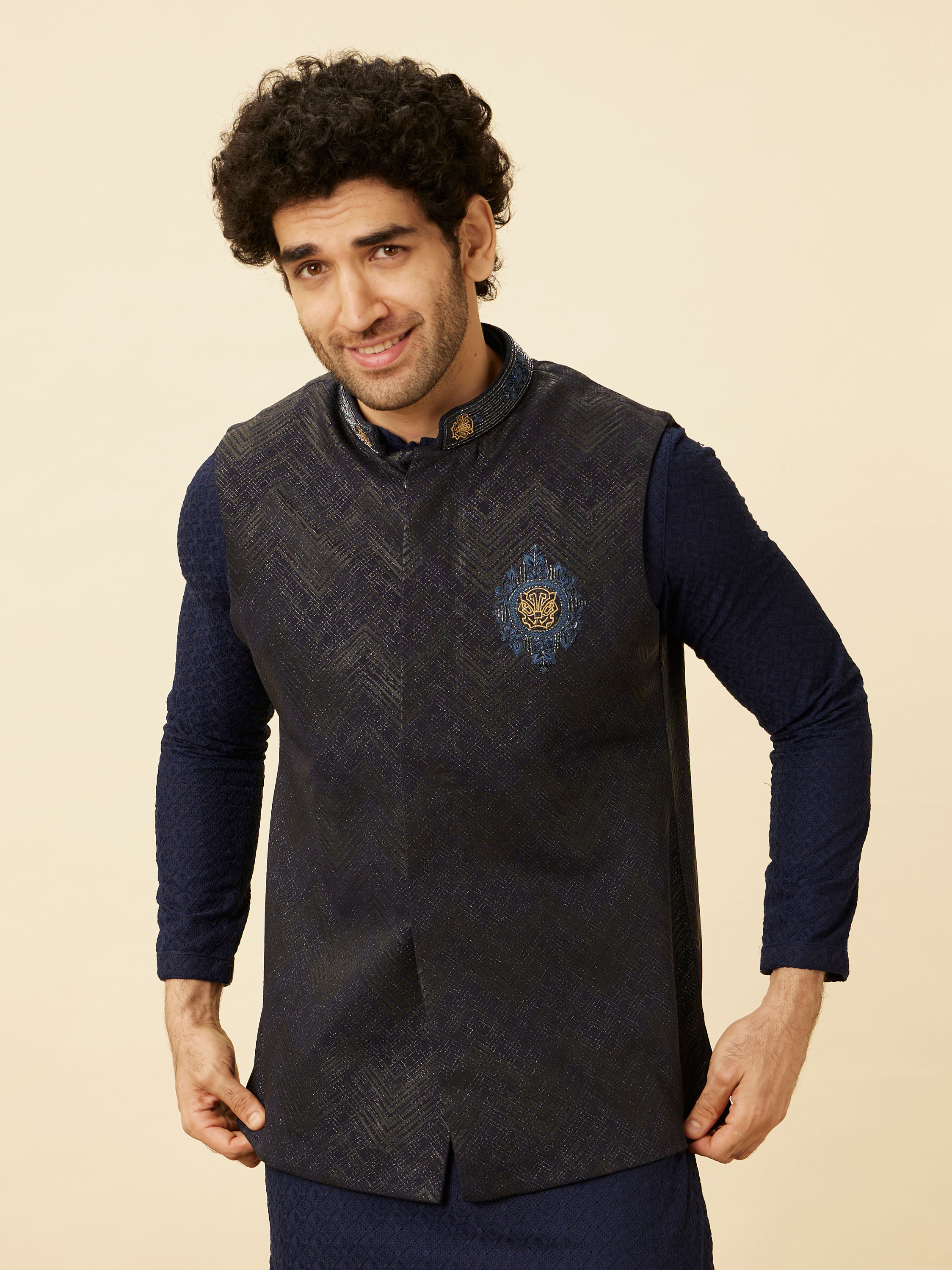 Manyavar Men Graphite Blue Black Panther Emblem Jacket