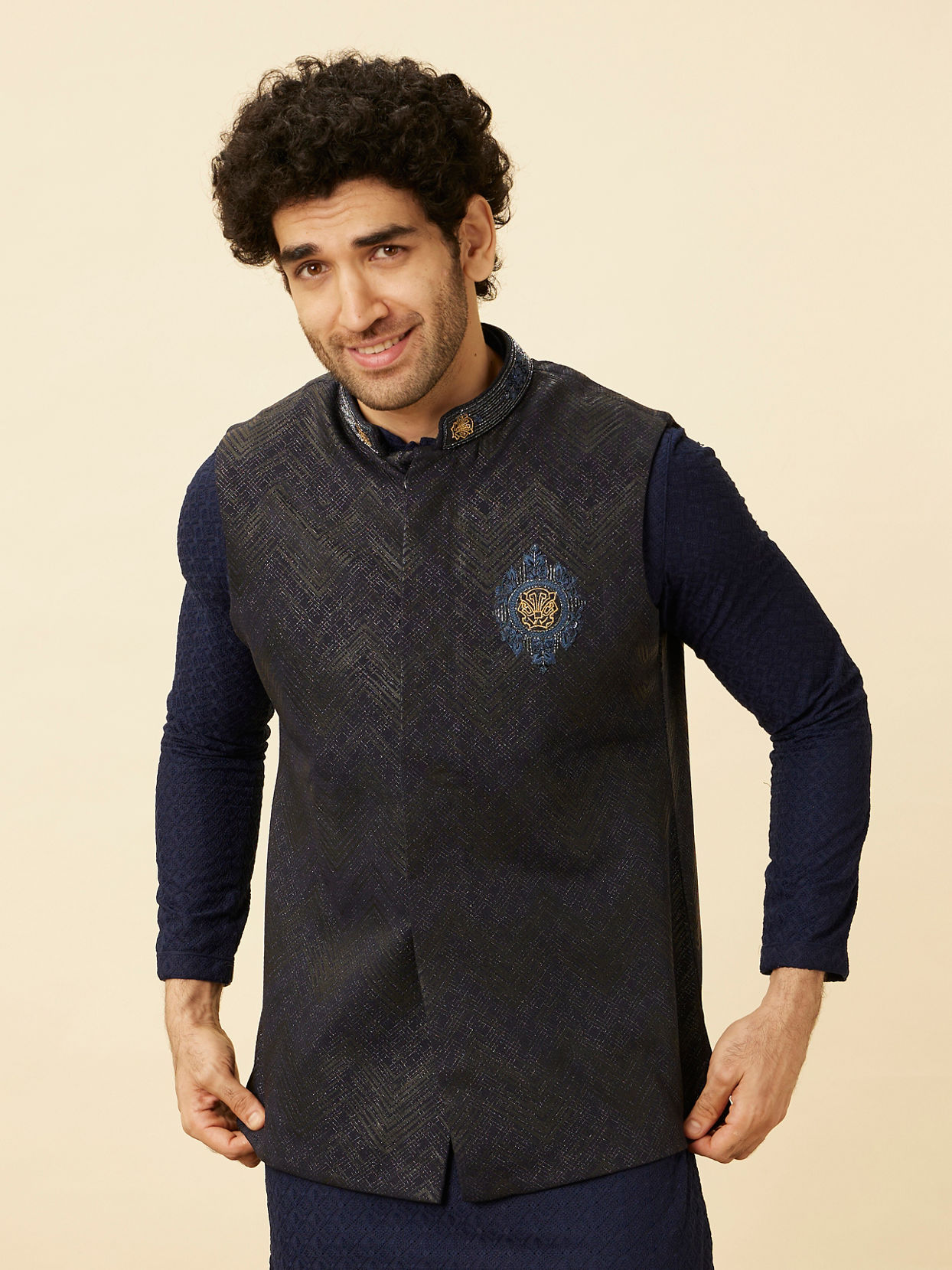 Manyavar Men Graphite Blue Black Panther Emblem Jacket