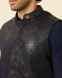 Manyavar Men Graphite Blue Black Panther Emblem Jacket