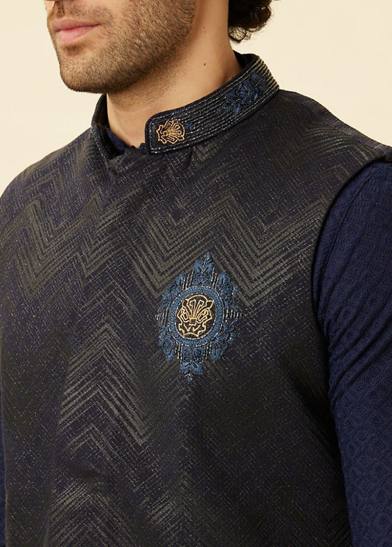 Manyavar Men Graphite Blue Black Panther Emblem Jacket