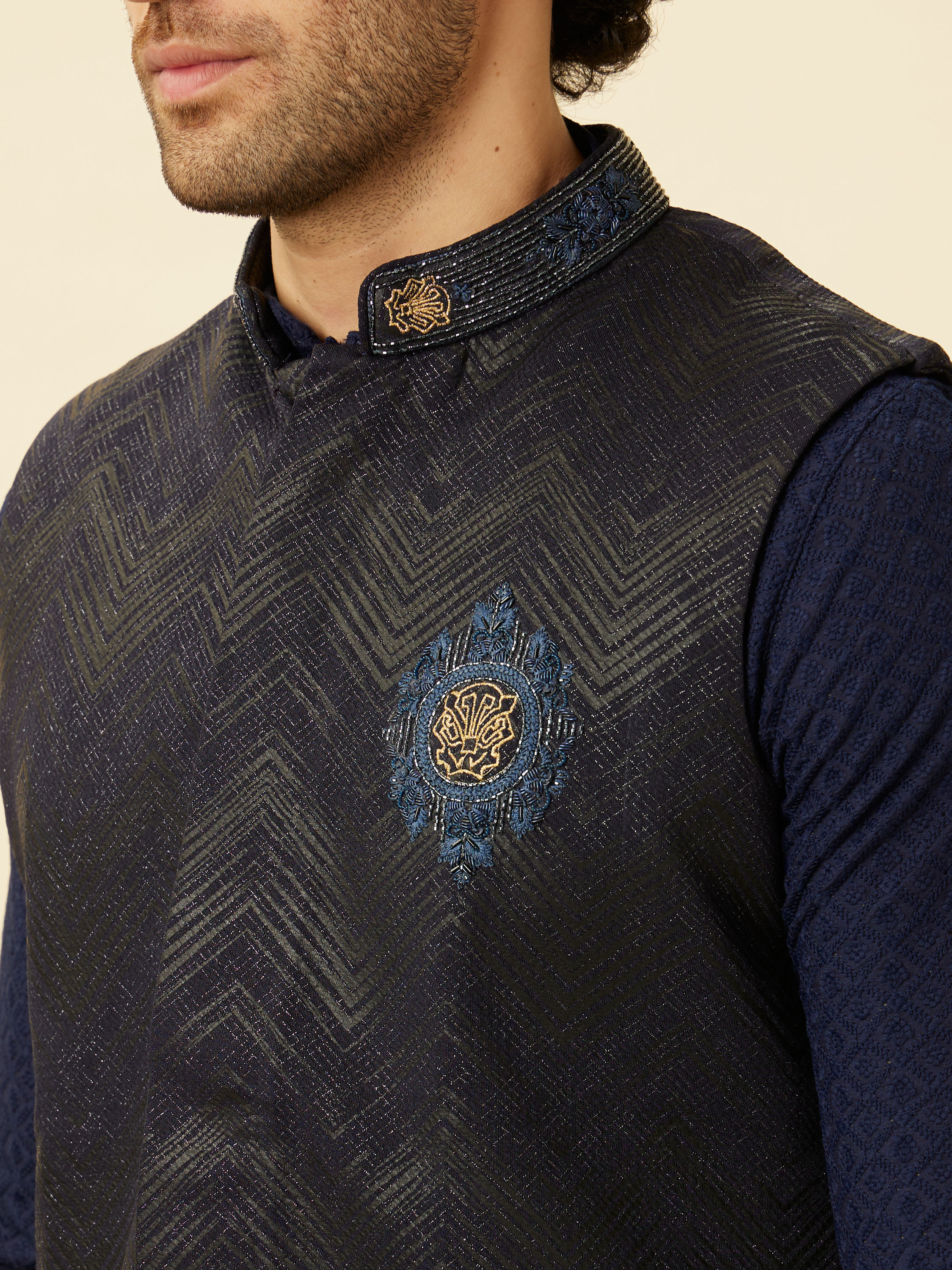 Manyavar Men Graphite Blue Black Panther Emblem Jacket