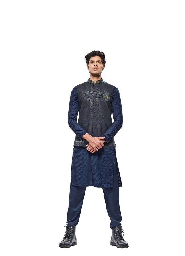 Manyavar Men Graphite Blue Black Panther Emblem Jacket image number 4