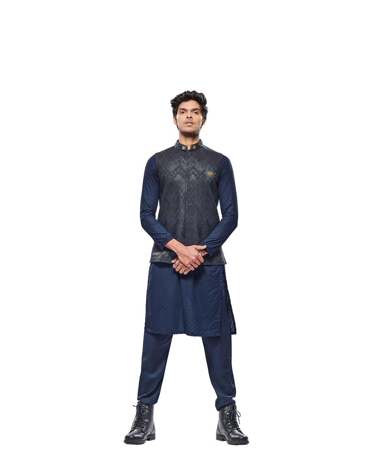 Manyavar Men Graphite Blue Black Panther Emblem Jacket