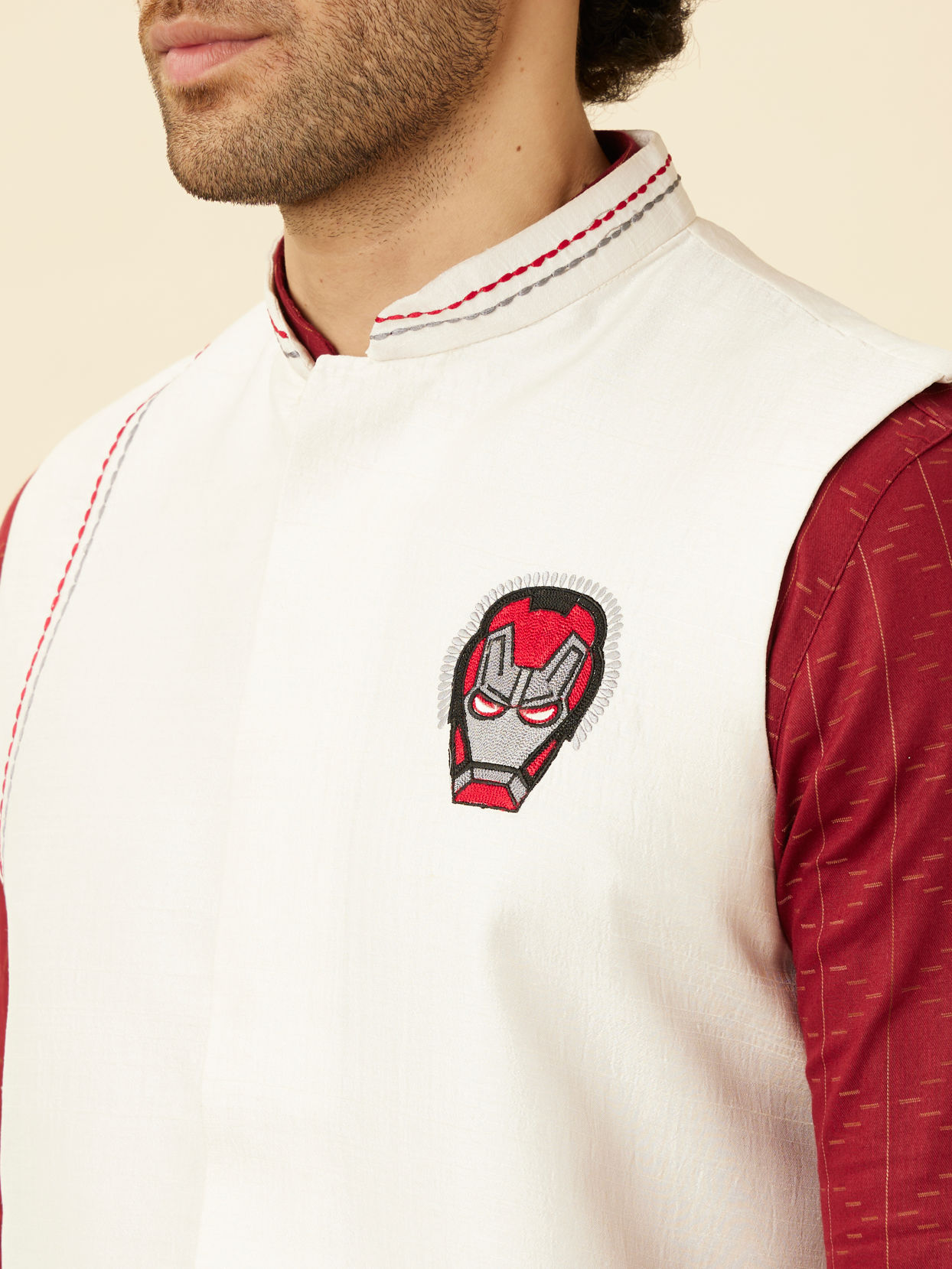 alt message - Manyavar Men Bright White Iron Man-Inspired Jacket image number 1