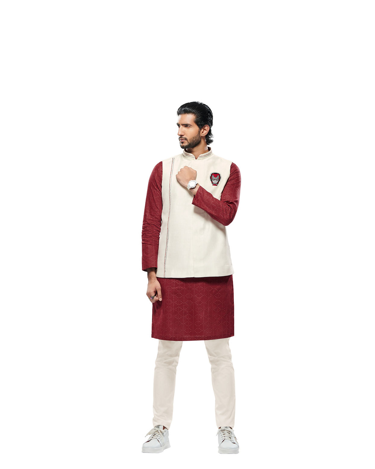 alt message - Manyavar Men Bright White Iron Man-Inspired Jacket image number 4