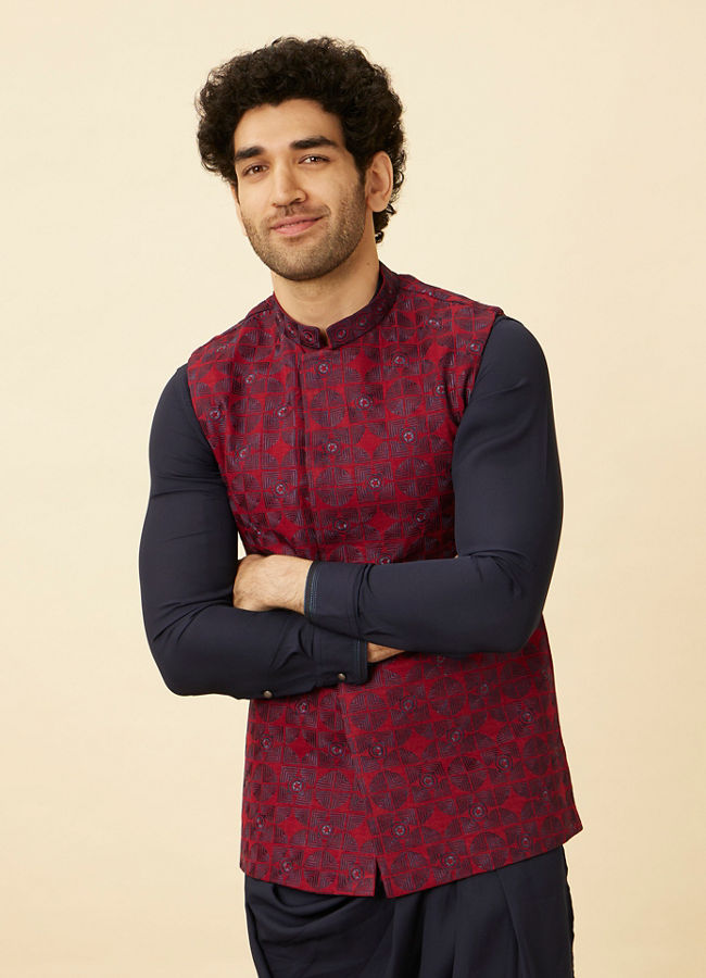 alt message - Manyavar Men Aurora Red Captain America Jacket image number 0