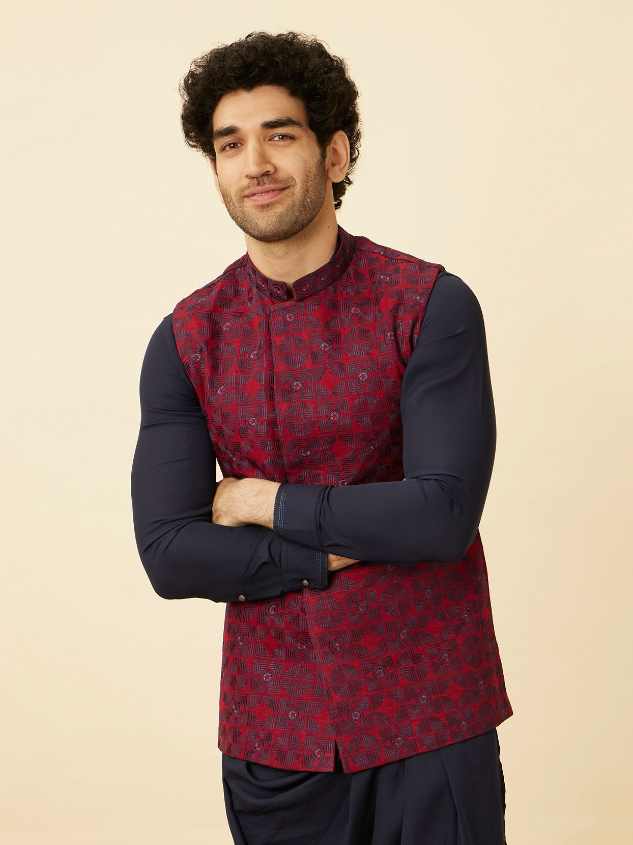 alt message - Manyavar Men Aurora Red Captain America Jacket image number 0