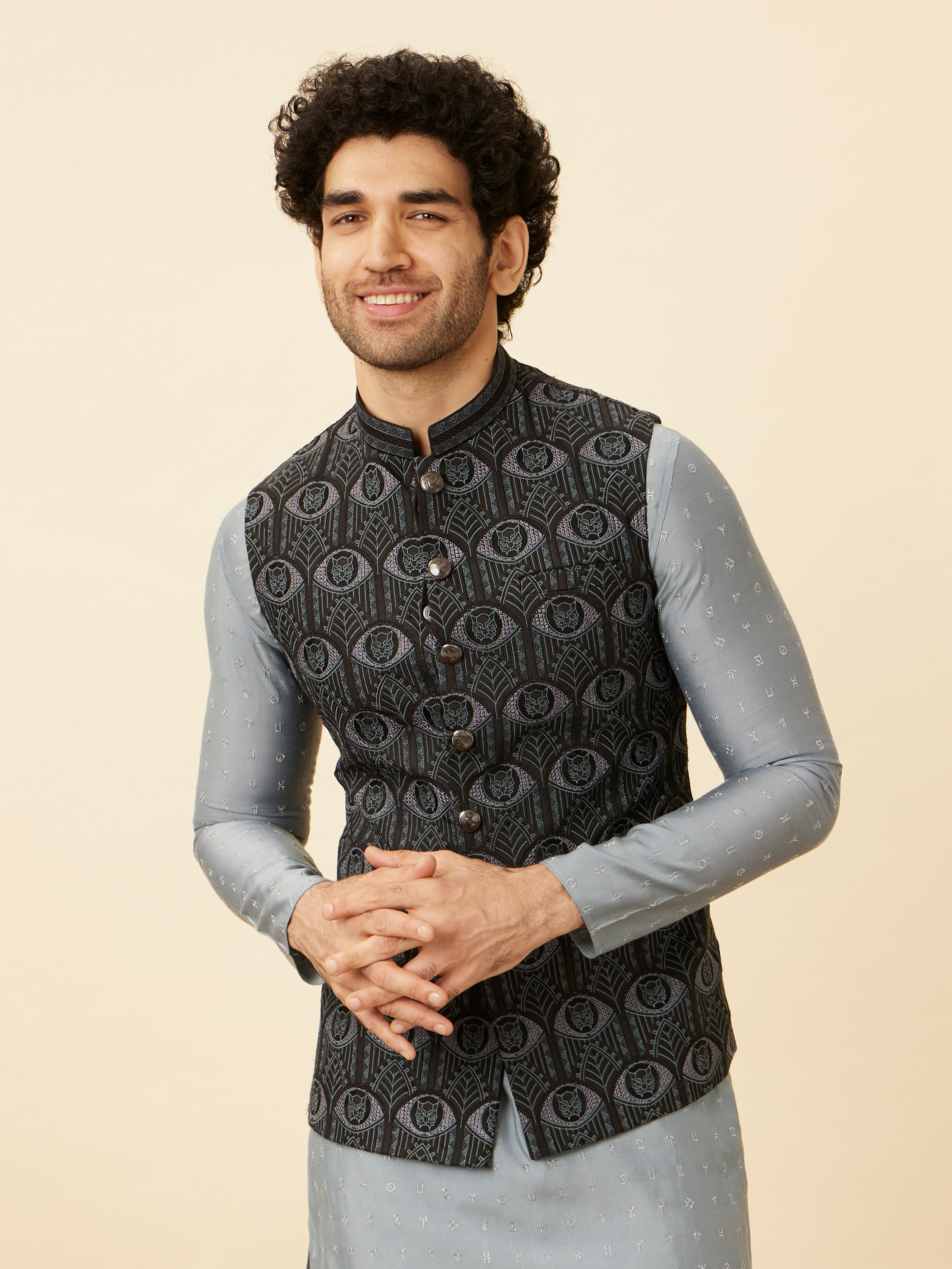 Manyavar Men Shadow Grey Wakanda Inspired Kurta Jacket Set