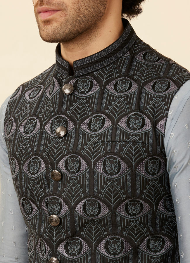 alt message - Manyavar Men Shadow Grey Wakanda Inspired Kurta Jacket Set image number 1