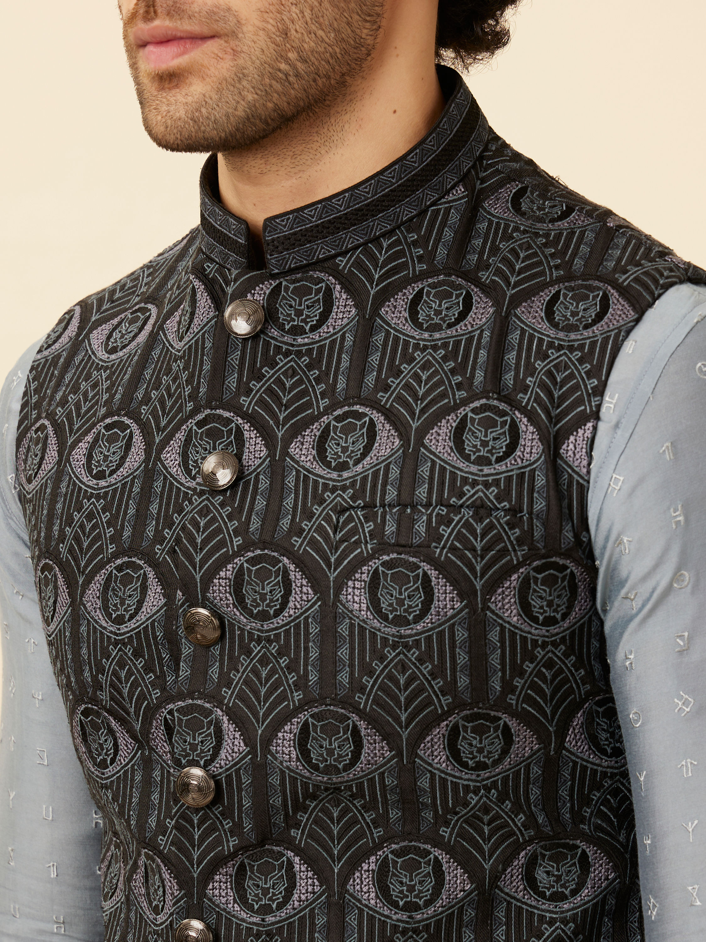 Manyavar Men Shadow Grey Wakanda Inspired Kurta Jacket Set