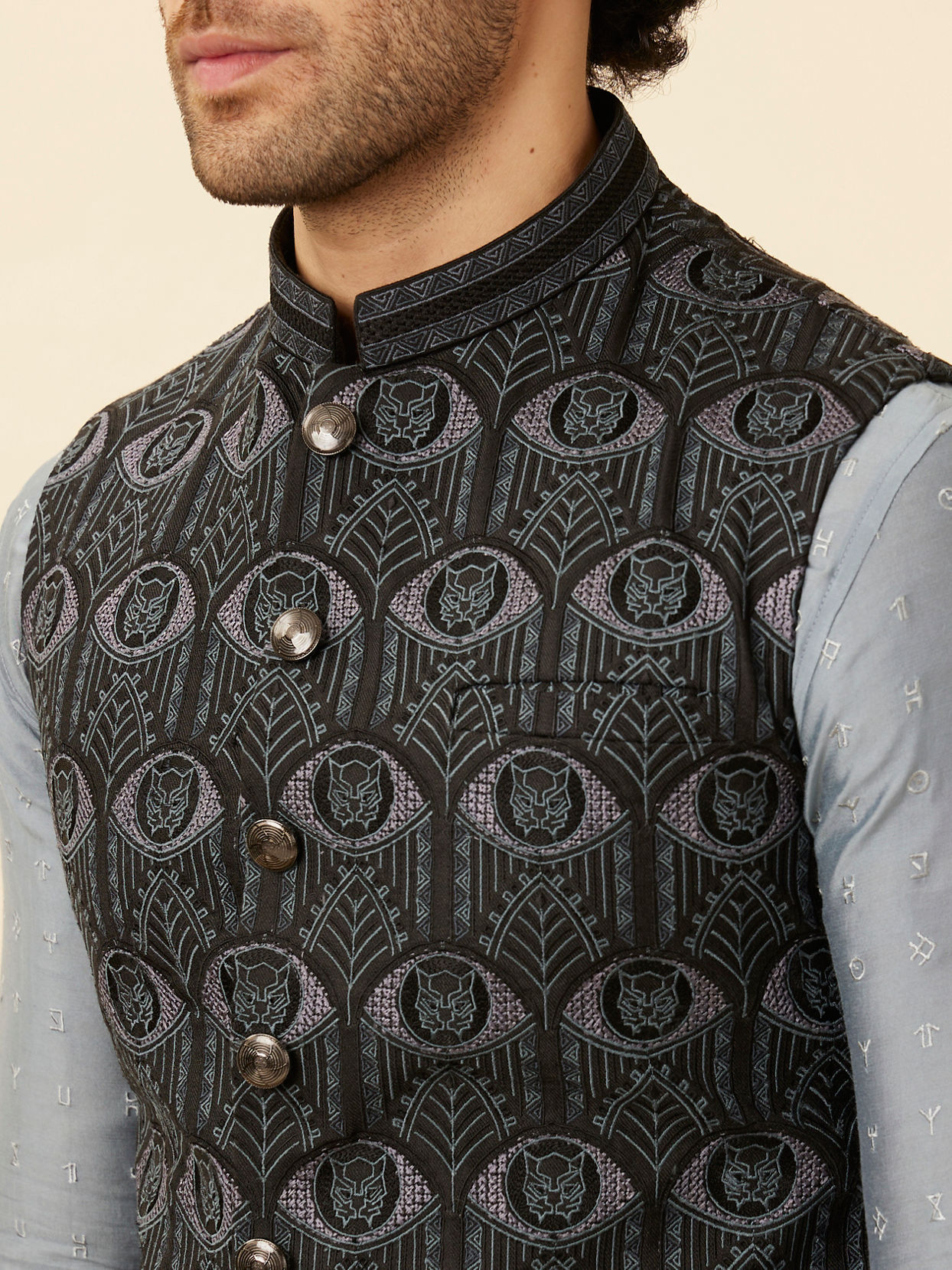 alt message - Manyavar Men Shadow Grey Wakanda Inspired Kurta Jacket Set image number 1