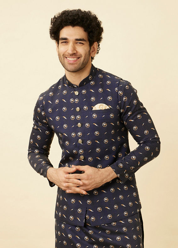 Manyavar Men Maritime Blue Thunderous Kurta Jacket Set