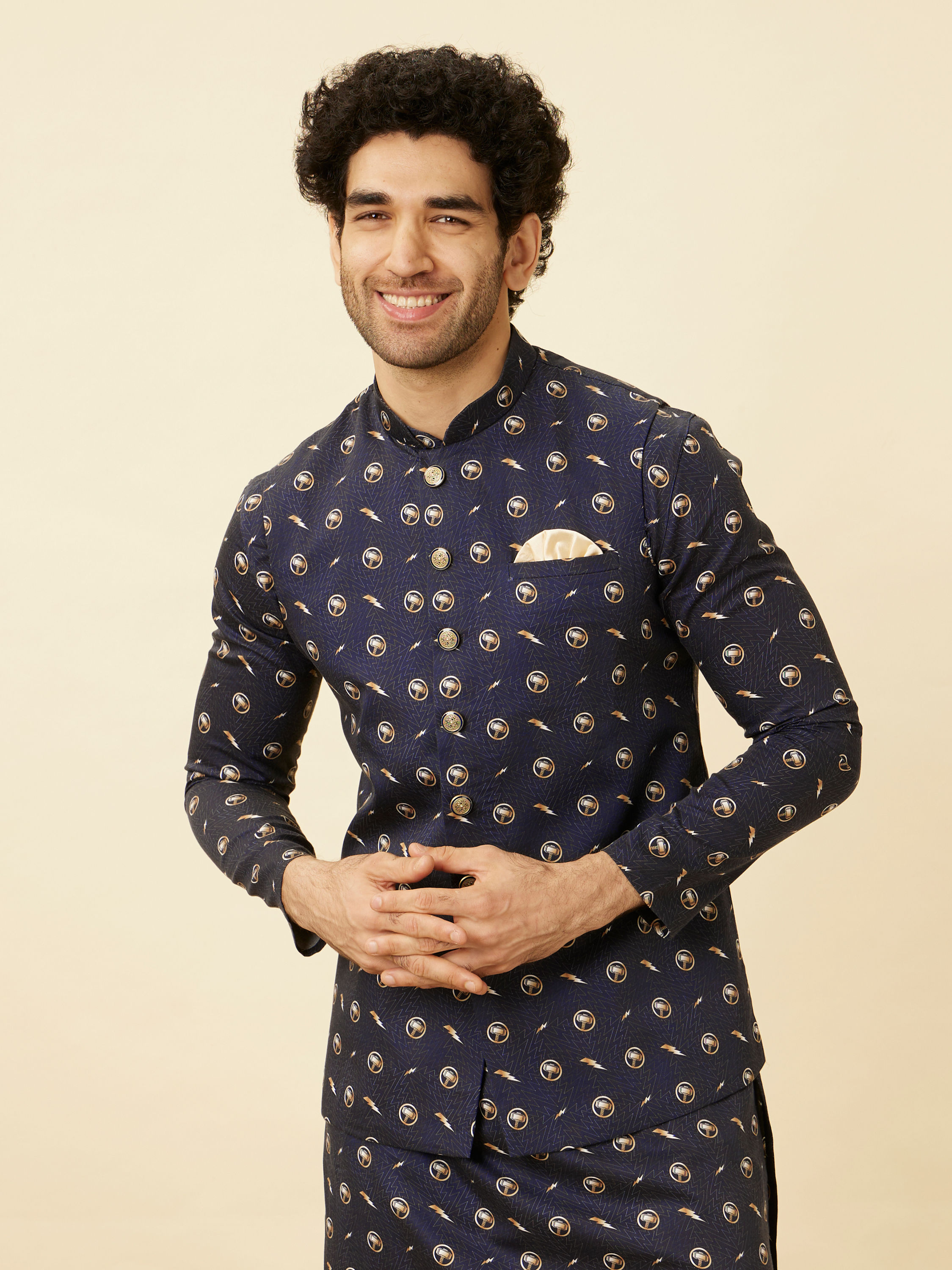 Manyavar Men Maritime Blue Thunderous Kurta Jacket Set