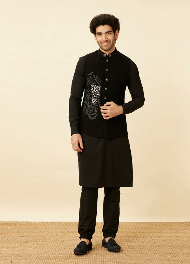 alt message - Manyavar Men Midnight Black Black Panther Kurta Jacket Set image number 2