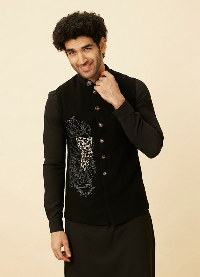 alt message - Manyavar Men Midnight Black Black Panther Kurta Jacket Set image number 0