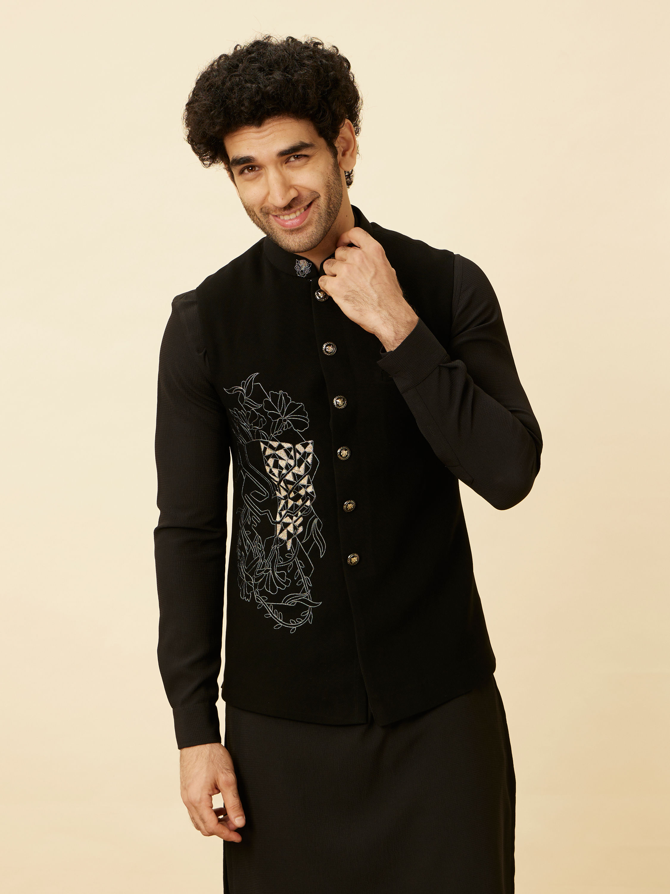 Manyavar Men Midnight Black Black Panther Kurta Jacket Set