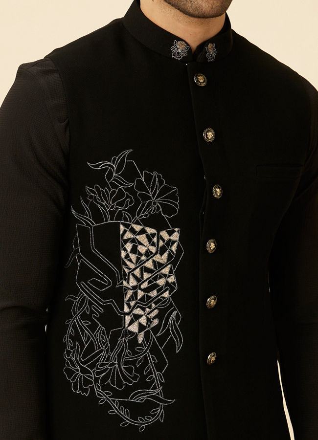 alt message - Manyavar Men Midnight Black Black Panther Kurta Jacket Set image number 1