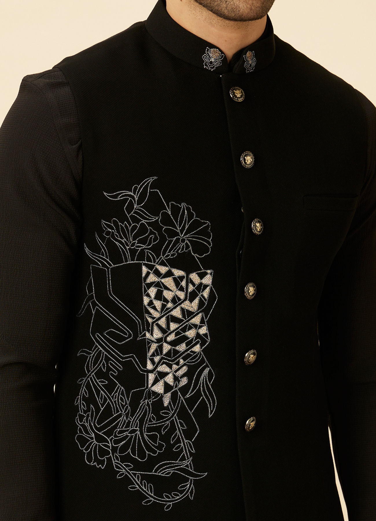 Manyavar Men Midnight Black Black Panther Kurta Jacket Set