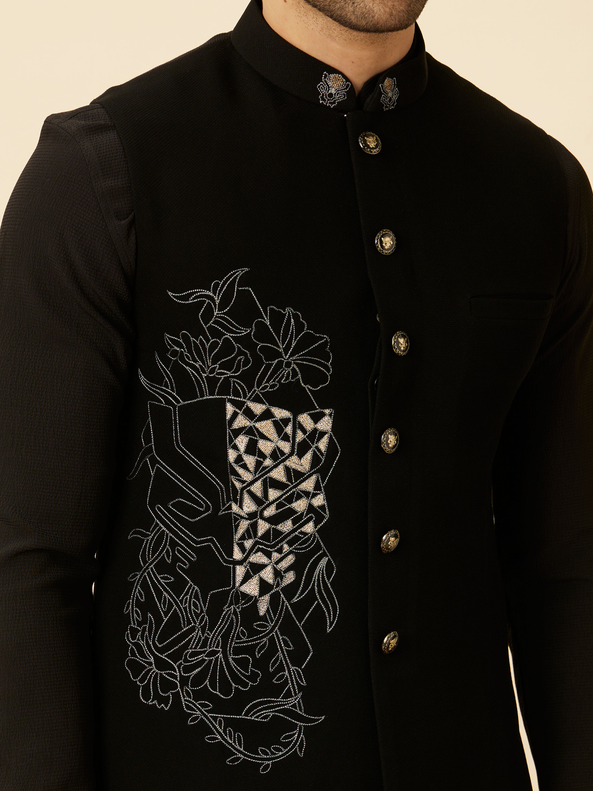 Manyavar Men Midnight Black Black Panther Kurta Jacket Set