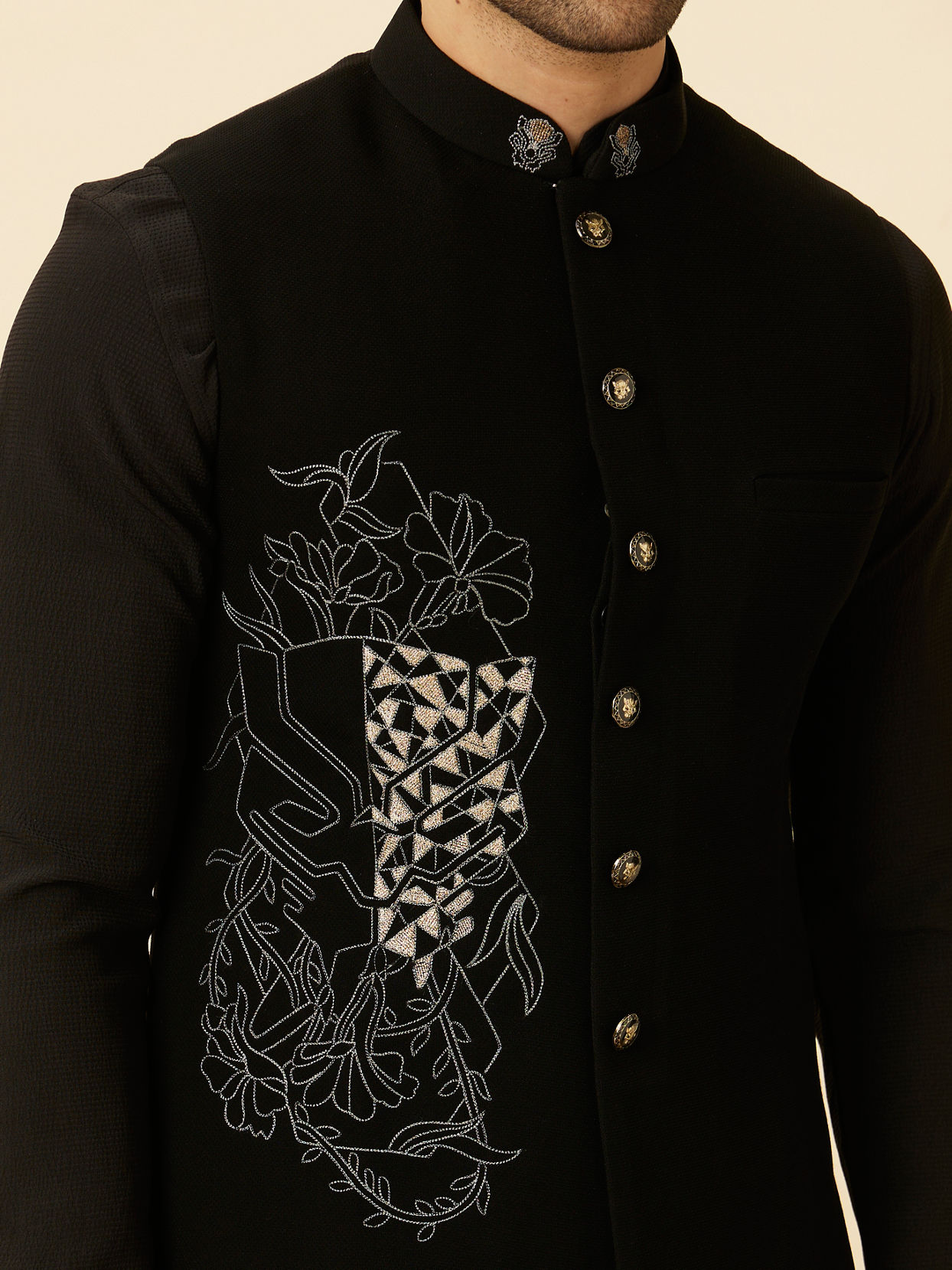 alt message - Manyavar Men Midnight Black Black Panther Kurta Jacket Set image number 1