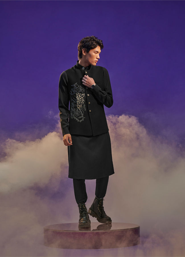 Manyavar Men Midnight Black Black Panther Kurta Jacket Set