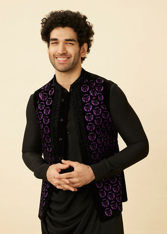 Manyavar Men Ebony Black Black Panther Kurta Jacket Set