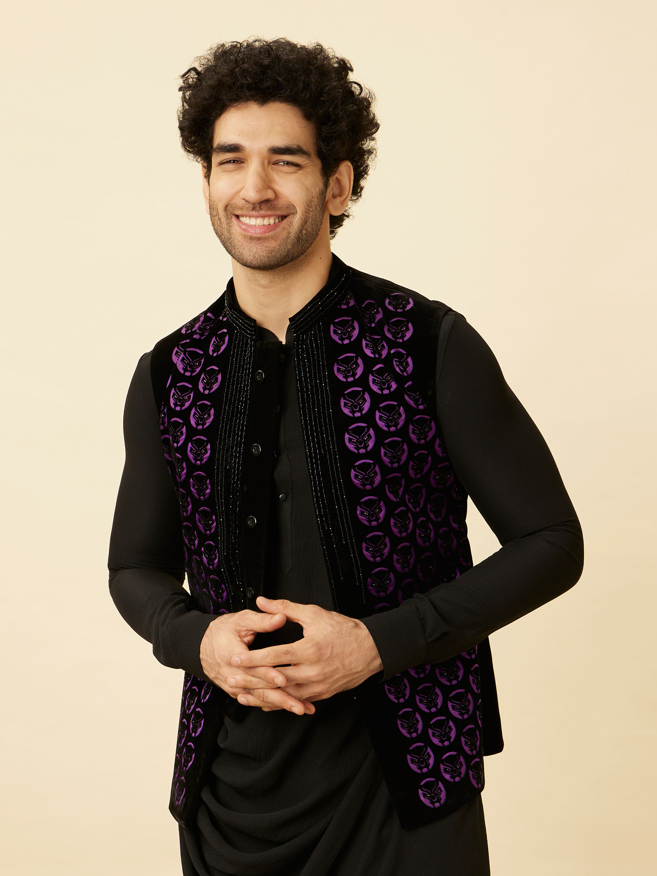 Manyavar Men Ebony Black Black Panther Kurta Jacket Set