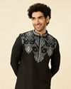 alt message - Manyavar Men Charcoal Black Panther Motif Kurta Set image number 0