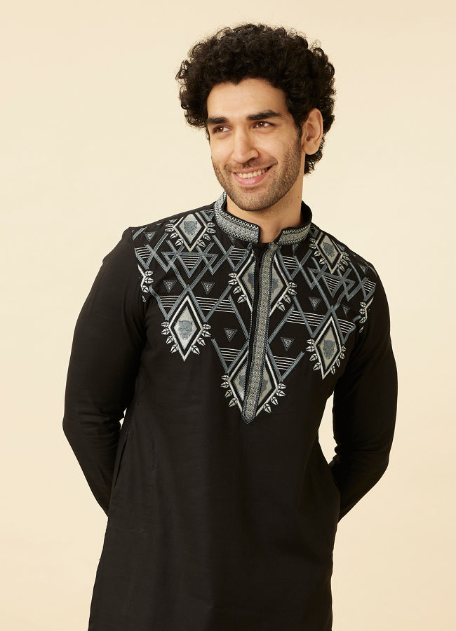 Charcoal Black Panther Motif Kurta Set image number 0