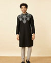 Manyavar Men Charcoal Black Panther Motif Kurta Set