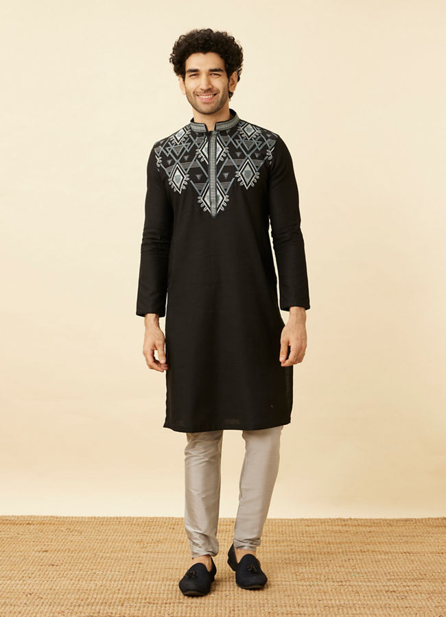 Charcoal Black Panther Motif Kurta Set image number 2