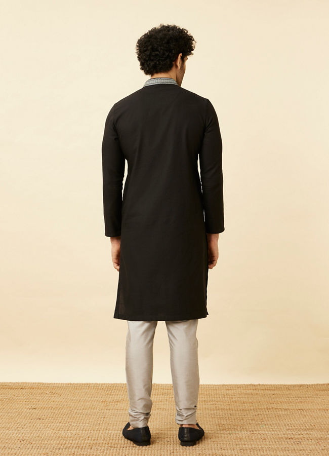 Manyavar Men Charcoal Black Panther Motif Kurta Set