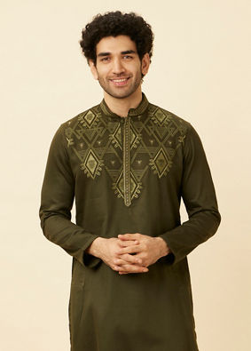 alt message - Manyavar Men Olive Green Wakanda Kurta Set image number 0