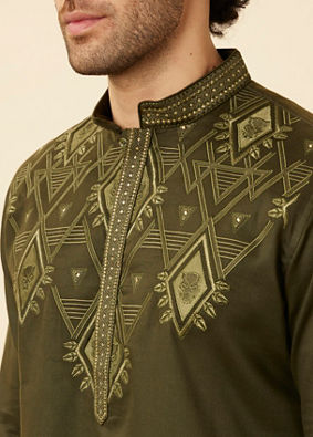 alt message - Manyavar Men Olive Green Wakanda Kurta Set image number 1