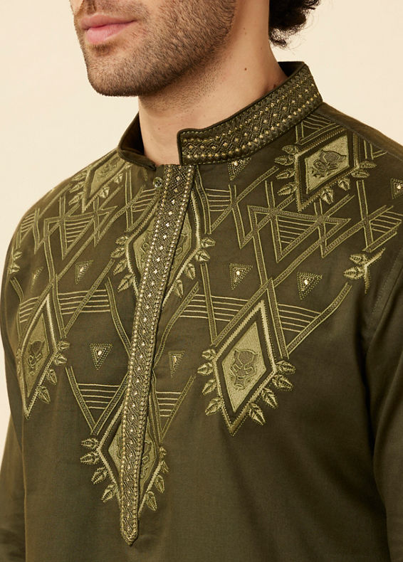 Manyavar Men Olive Green Wakanda Kurta Set