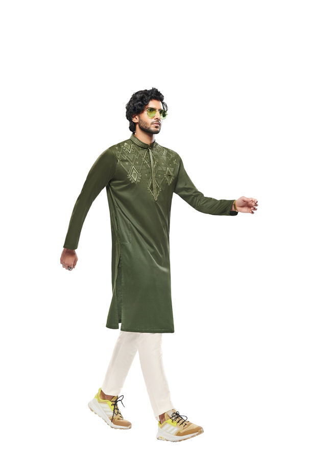 alt message - Manyavar Men Olive Green Wakanda Kurta Set image number 6