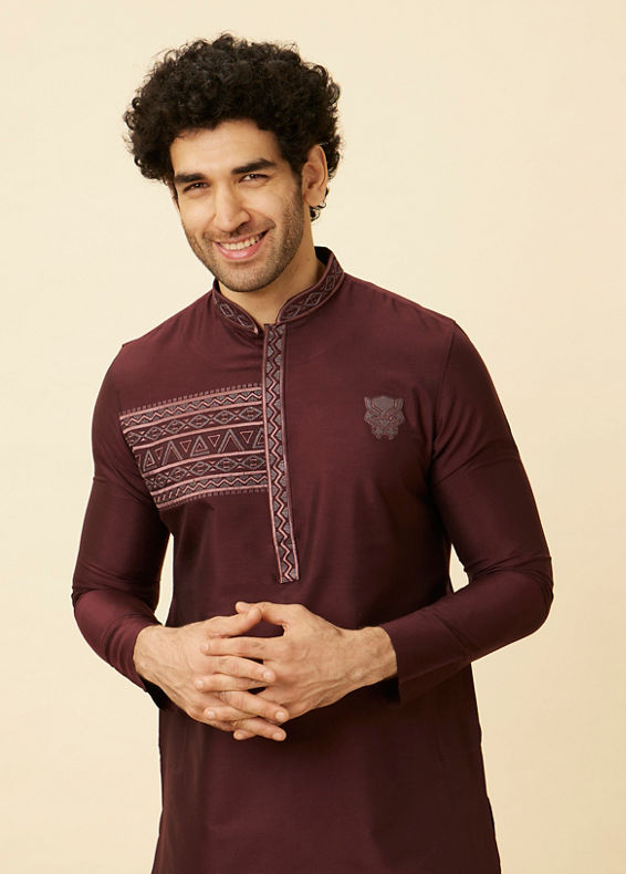 Manyavar Men Marsala Red Black Panther Kurta Set