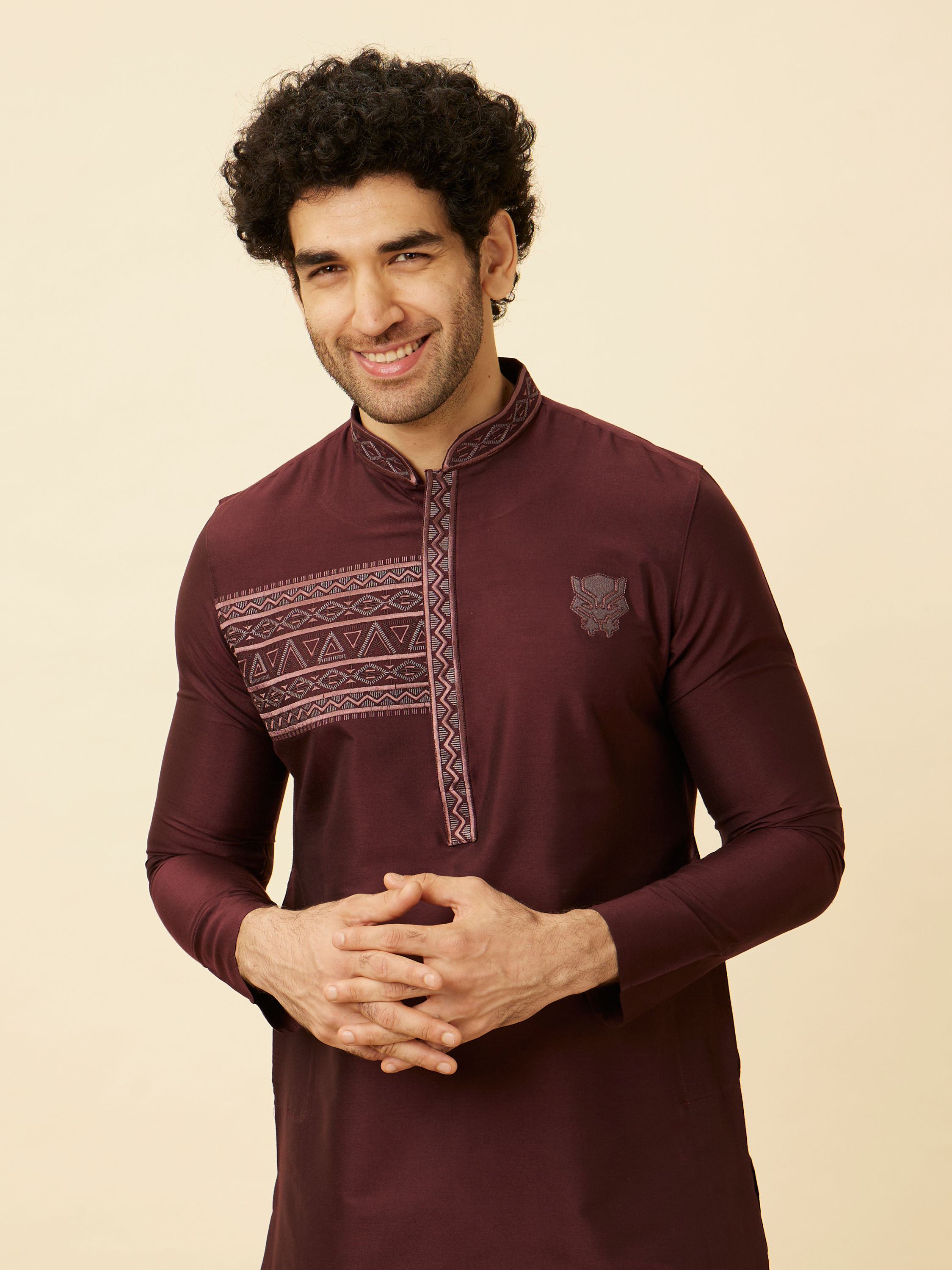 Manyavar Men Marsala Red Black Panther Kurta Set