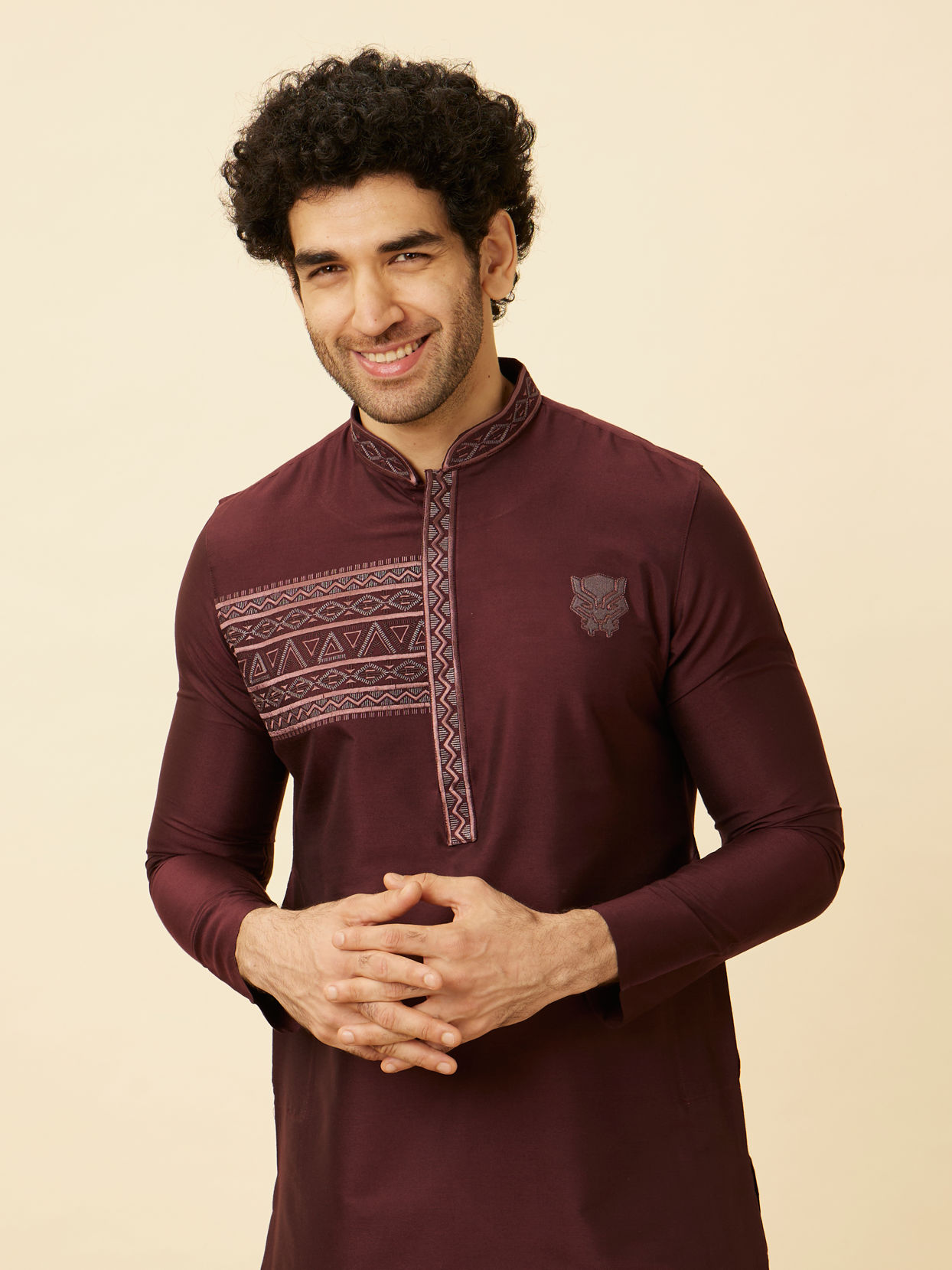 Manyavar Men Marsala Red Black Panther Kurta Set