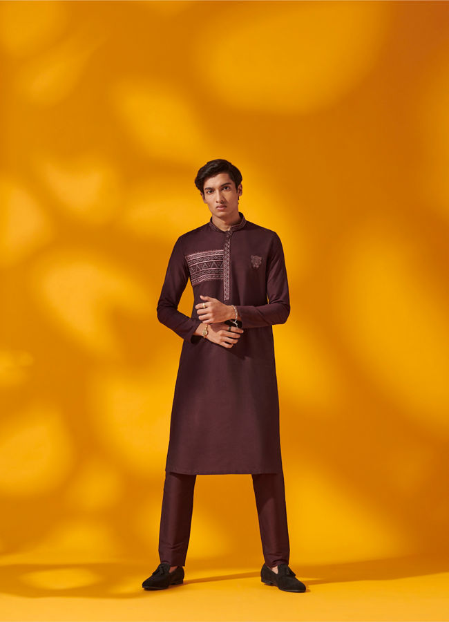 Manyavar Men Marsala Red Black Panther Kurta Set