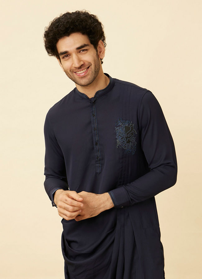 alt message - Manyavar Men Stone Blue Black Panther Kurta Set image number 0