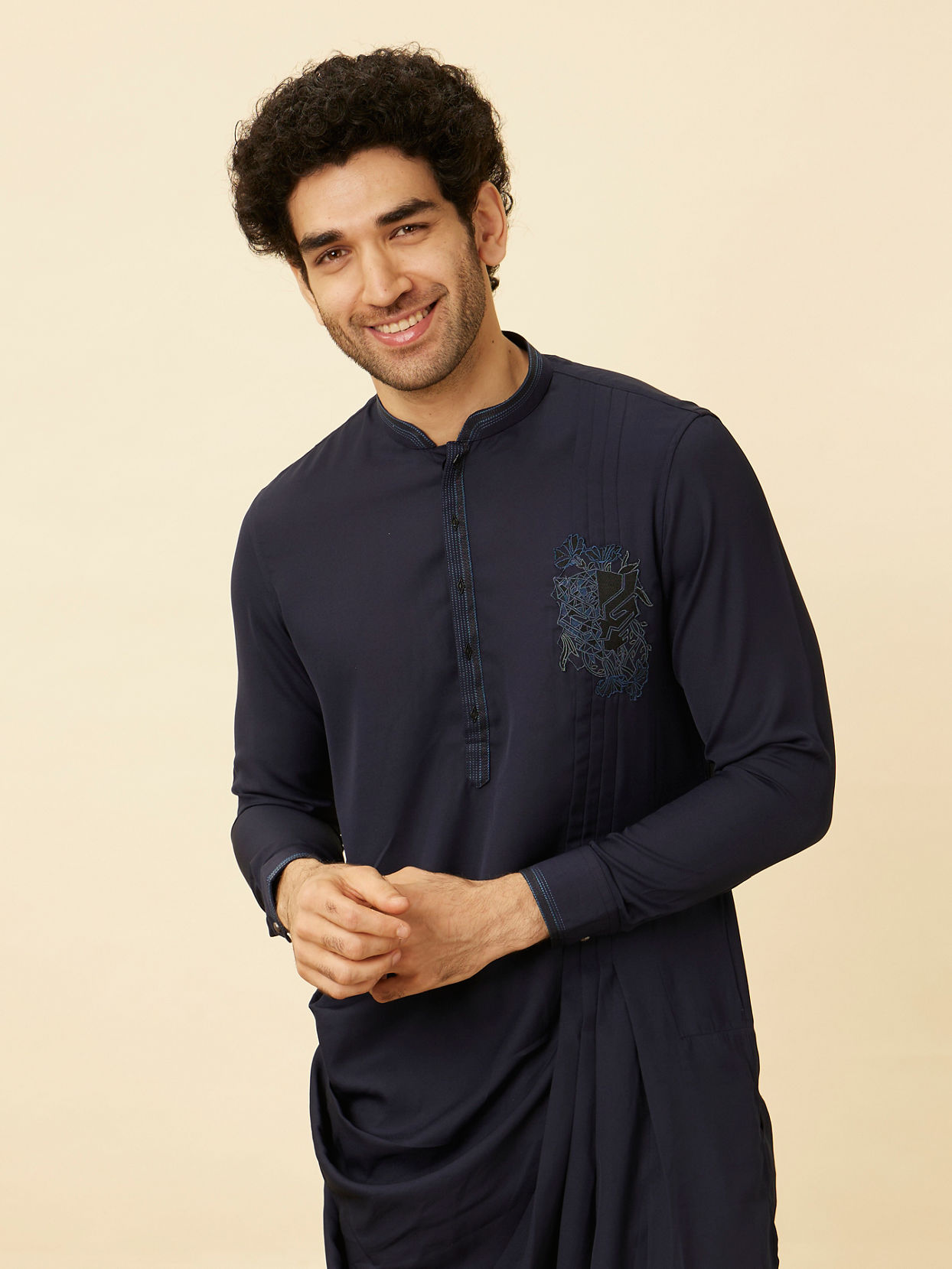 alt message - Manyavar Men Stone Blue Black Panther Kurta Set image number 0