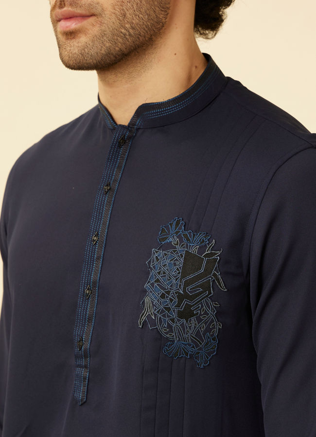 alt message - Manyavar Men Stone Blue Black Panther Kurta Set image number 1