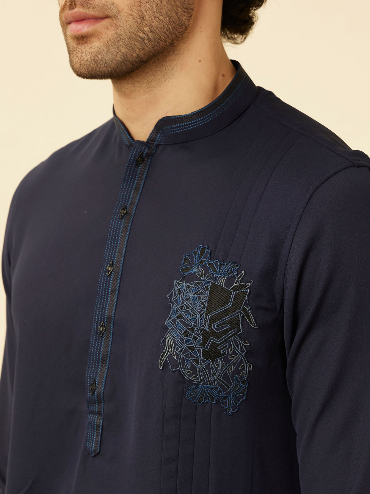 Manyavar Men Stone Blue Black Panther Kurta Set