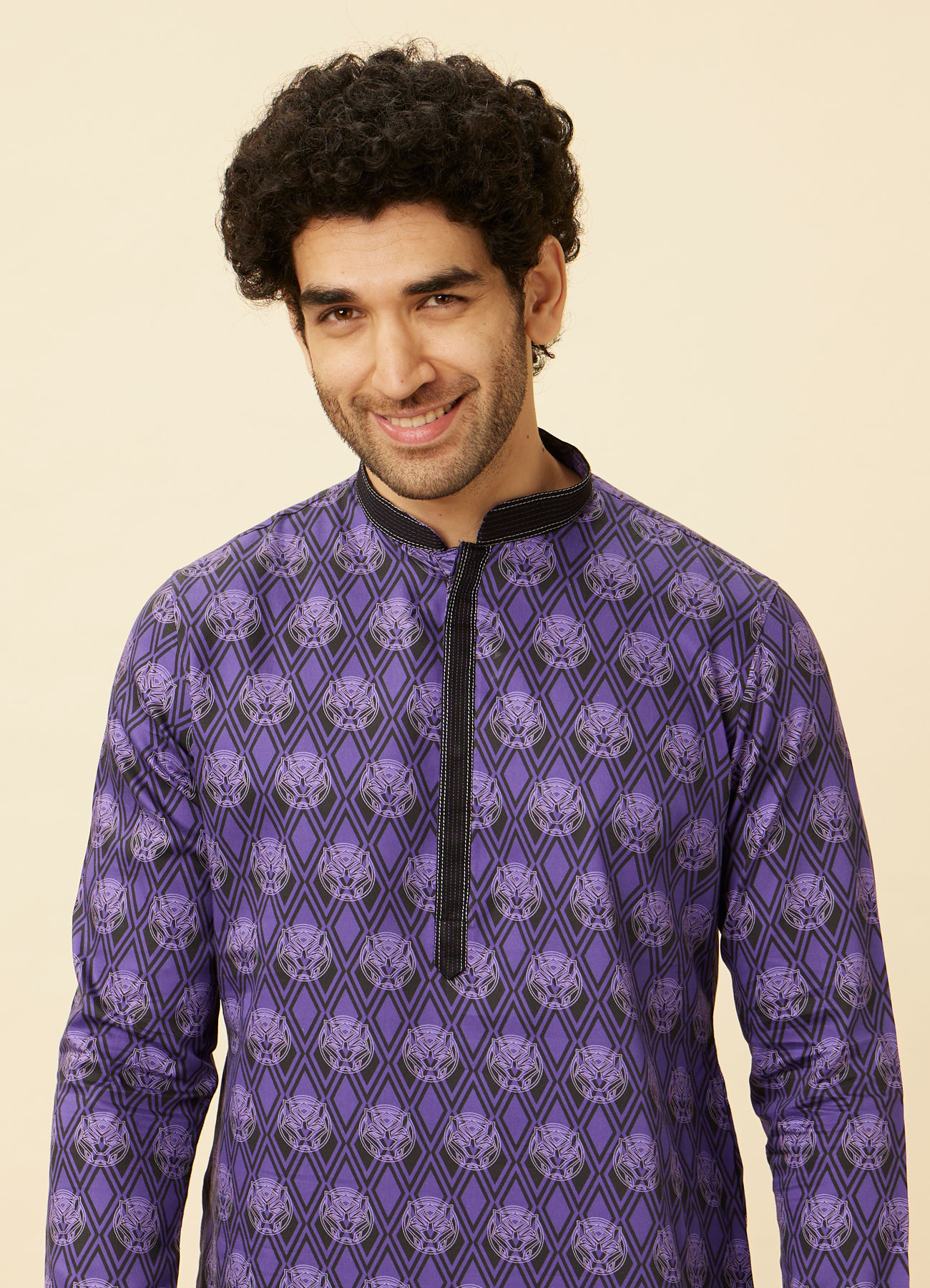 Manyavar Men Purple Black Panther Kurta Set