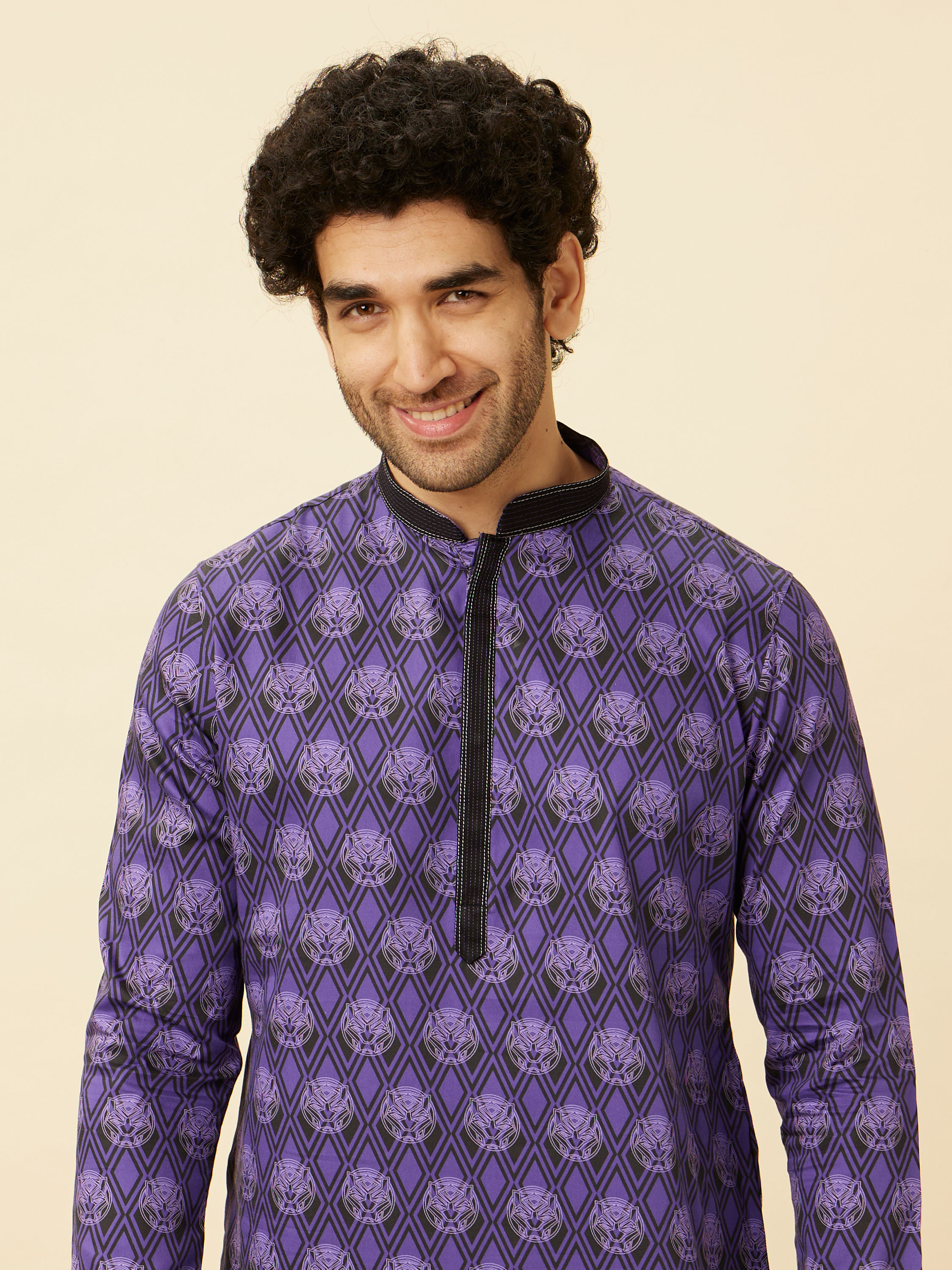 Manyavar Men Purple Black Panther Kurta Set