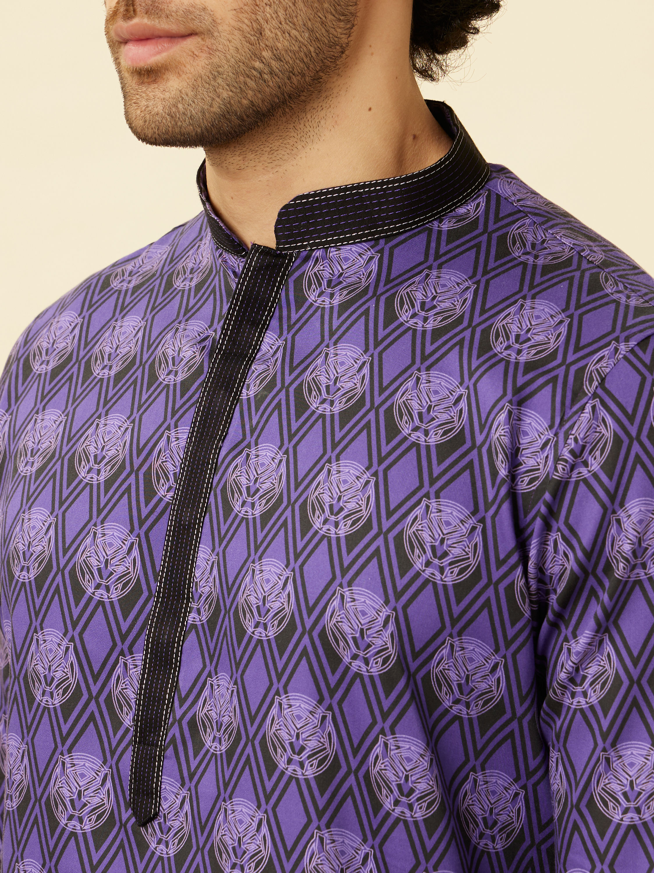 Manyavar Men Purple Black Panther Kurta Set