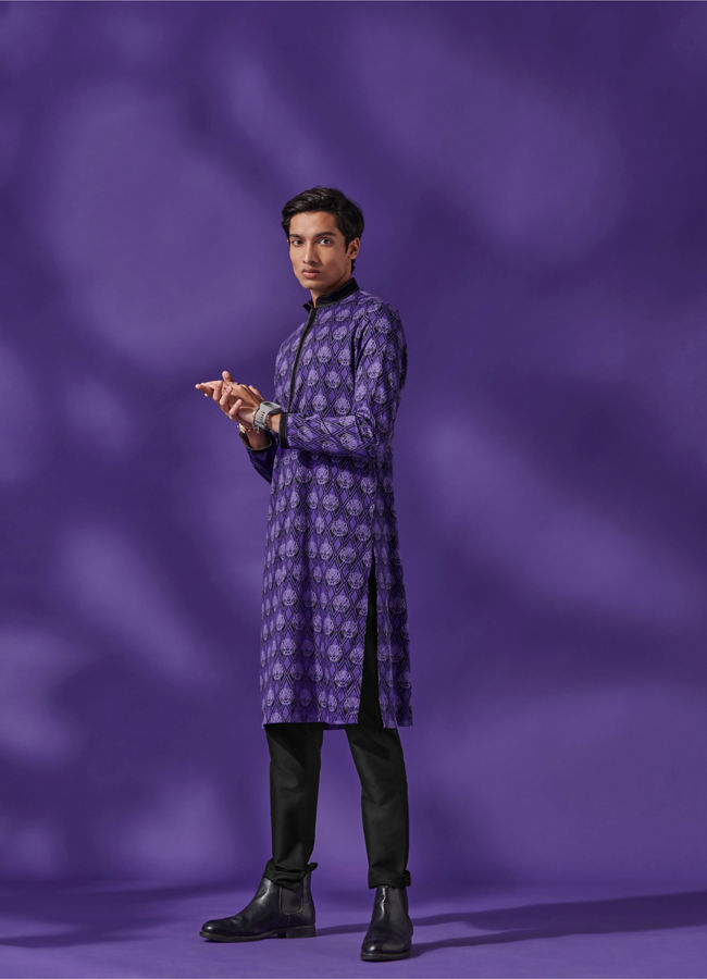 Manyavar Men Purple Black Panther Kurta Set