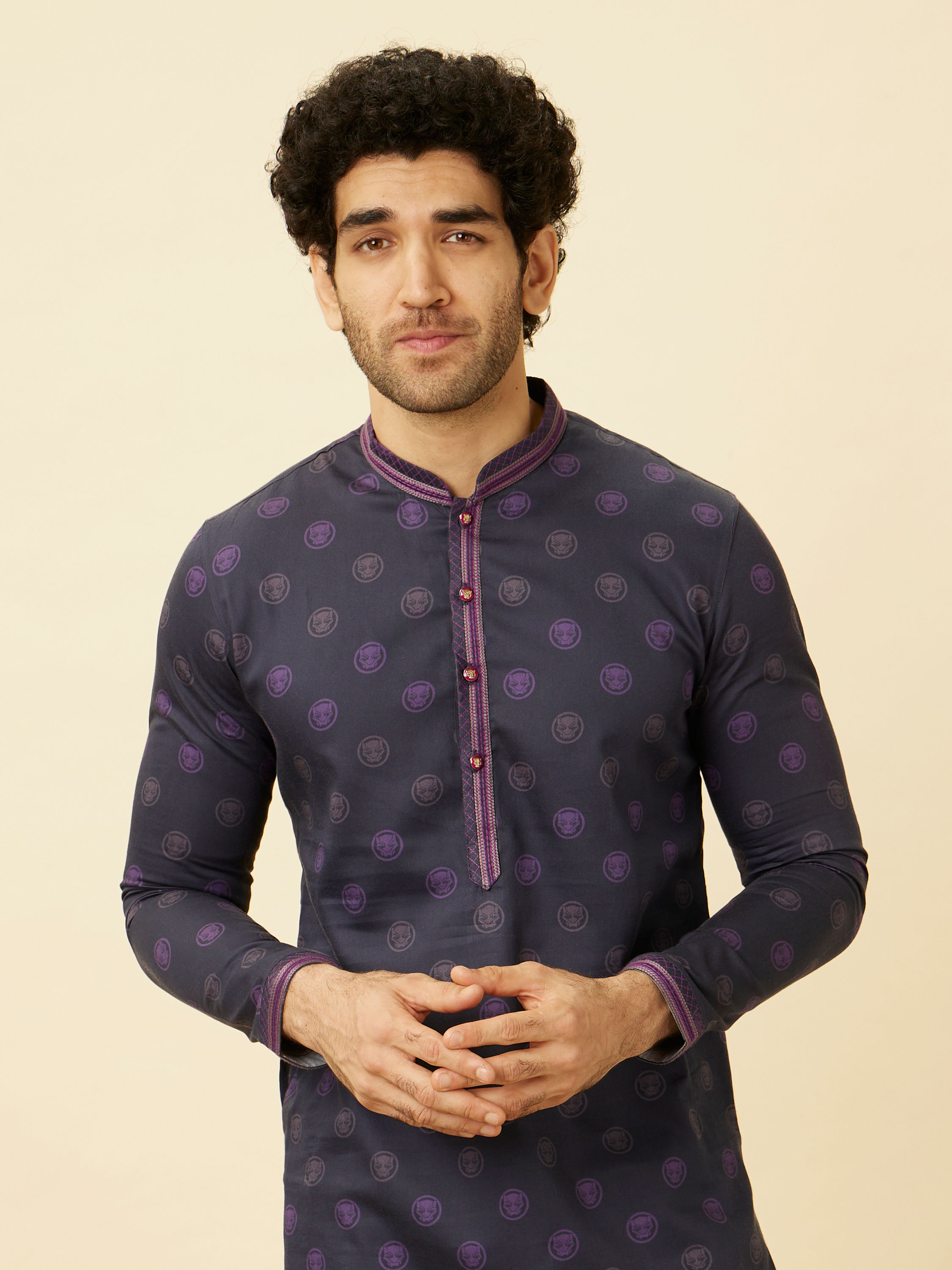 Manyavar Men Violet Black Panther Kurta Set